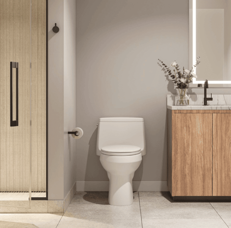 Modern bathroom with toilet and wooden vanity in Miami residence.