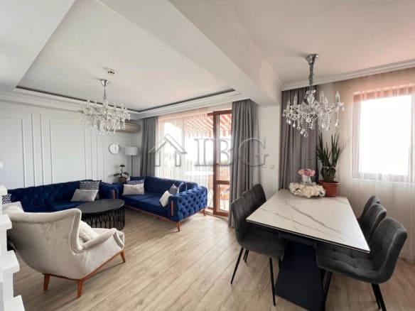 Bright living room with sea view, elegant furniture, and modern decor in Sveti Vlas.