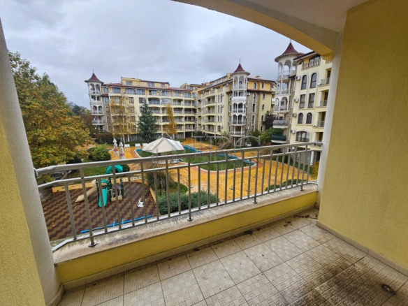 Apartment with balcony overlooking pool and garden in Sunny Beach.