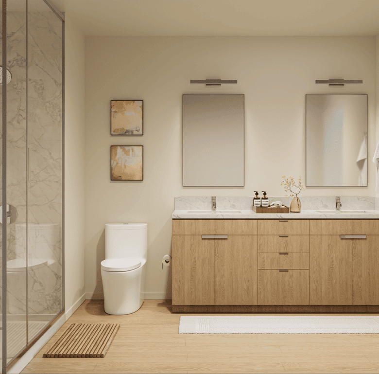 Bright modern bathroom in Nashville, USA with dual mirrors and wooden vanity.