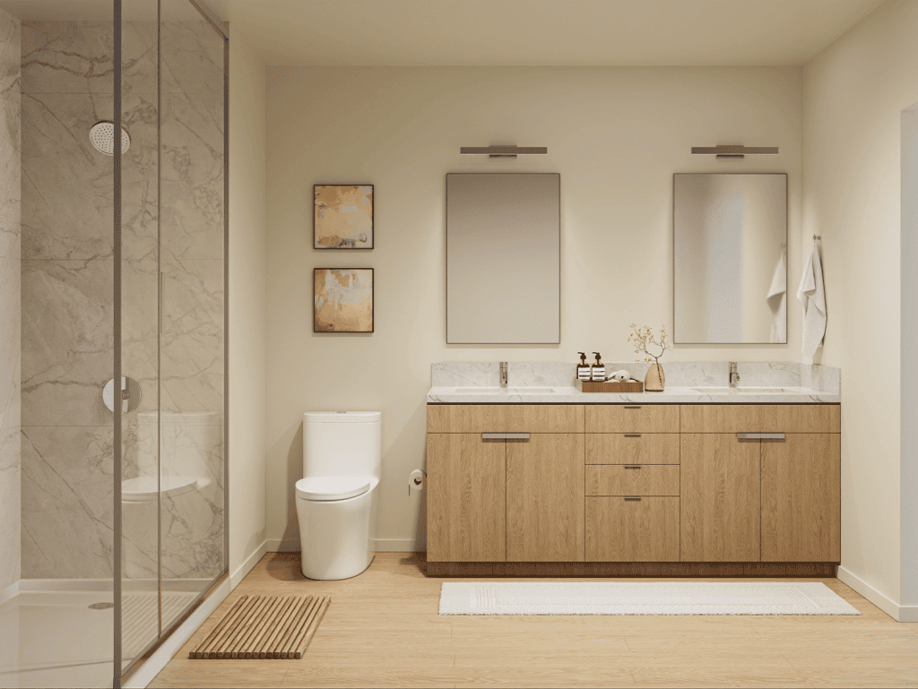 Bright modern bathroom in Nashville, USA with dual mirrors and wooden vanity.