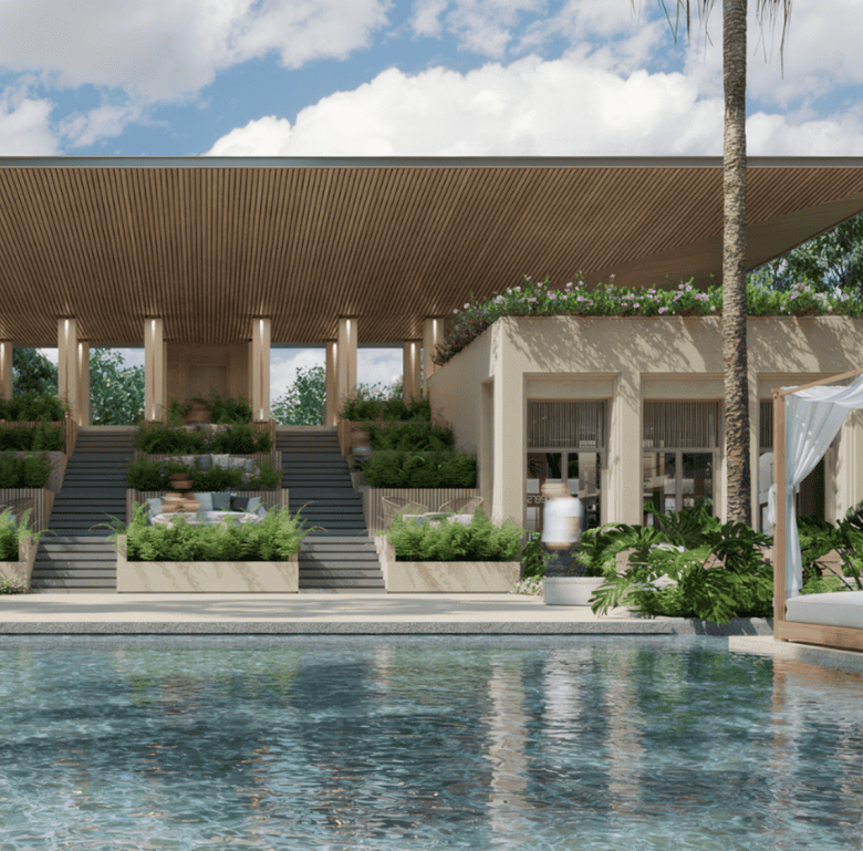 Luxury poolside lounge at Sudara, Phuket, Thailand, with modern architecture and lush greenery.