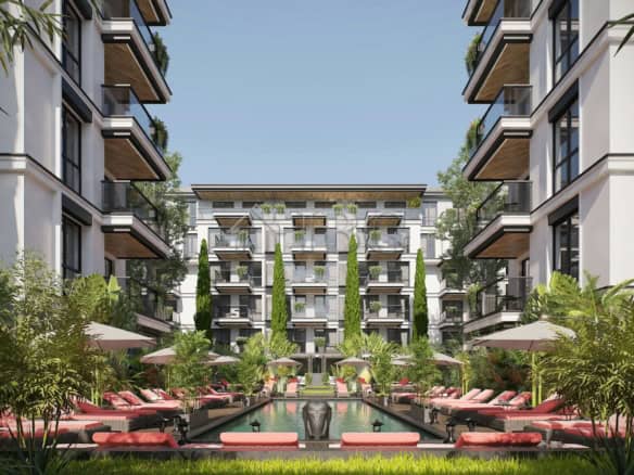 Contemporary one-bedroom apartment in Emilia Romana Este, Sunny Beach, with pool and lush landscapin.