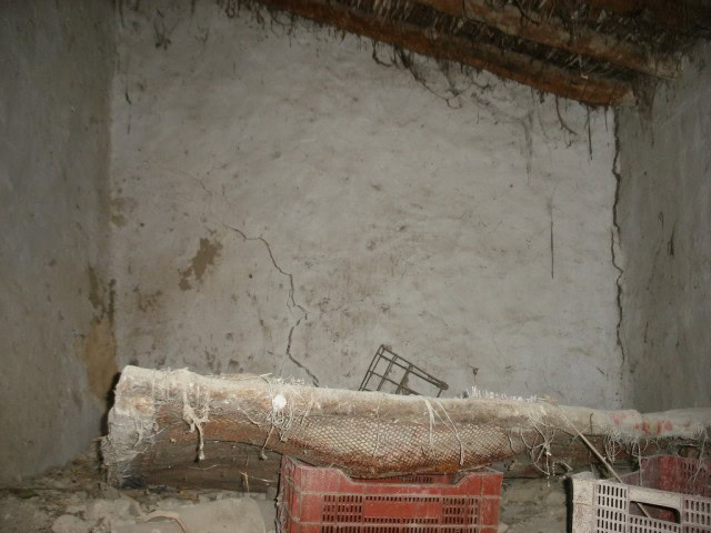 Cave house interior with rustic stone walls and wooden beams in Cuevas del Campo, Granada.