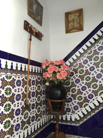 Charming corner with pink roses in a black vase, decorated with traditional Spanish tilework in a vi.