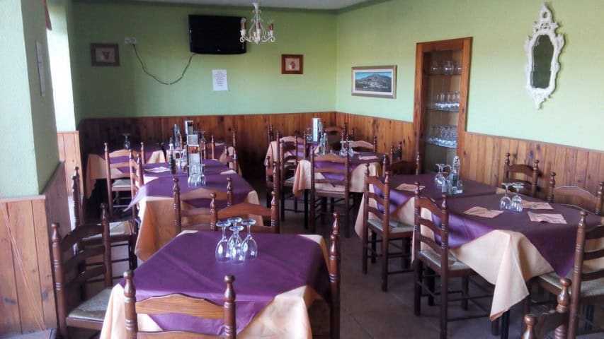 Interior view of a charming restaurant in Granada with wooden furniture and purple tablecloths.