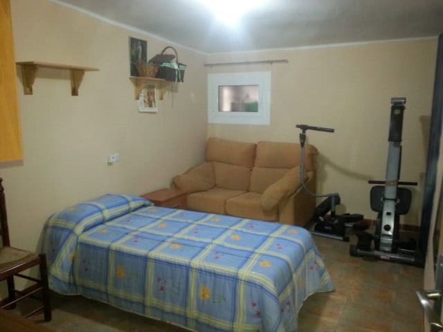 Interior view of a living room with a sofa, exercise equipment, and a bed in Las Vertientes, Granada.