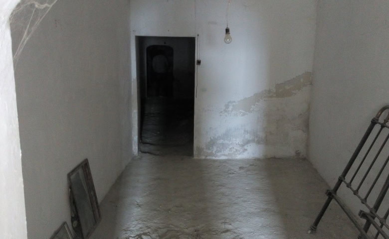 Interior view of a rustic cave house in La Alqueria, Granada, showcasing natural stone walls and sim.