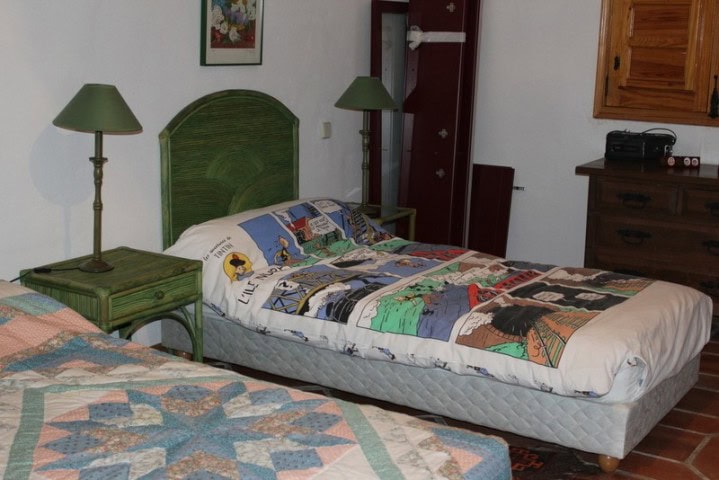 Interior view of a bedroom in a Larva finca with green furniture and colorful bedding.