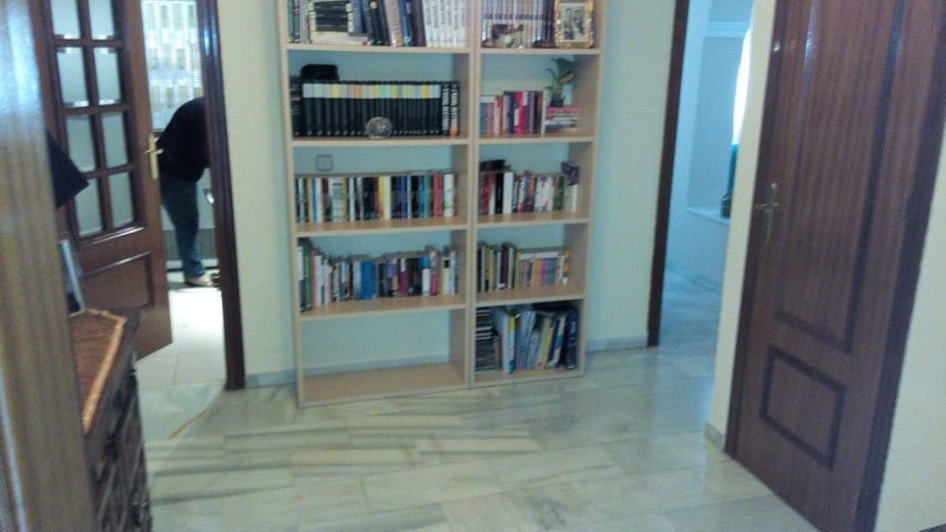 Bright apartment interior with wooden doors and a bookshelf in Baza, Granada.