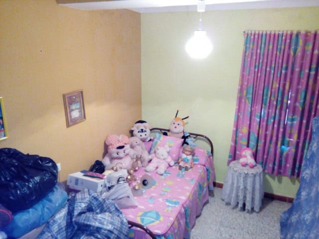Bright bedroom with pink-themed decor and stuffed animals for children.