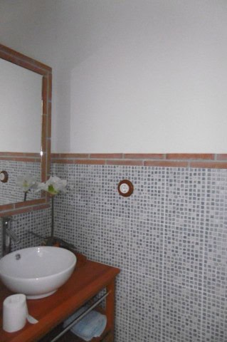 Interior view of a rustic village bathroom with mosaic tiles and a wooden vanity in Hinojares, Jaen.