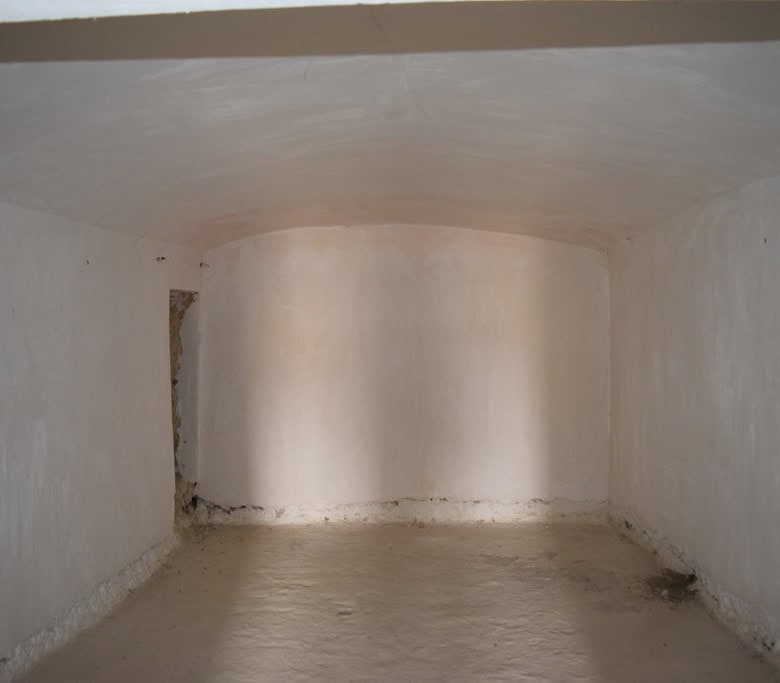 Cave house interior in Cuevas del Campo, Granada, with smooth white walls and arched ceiling.