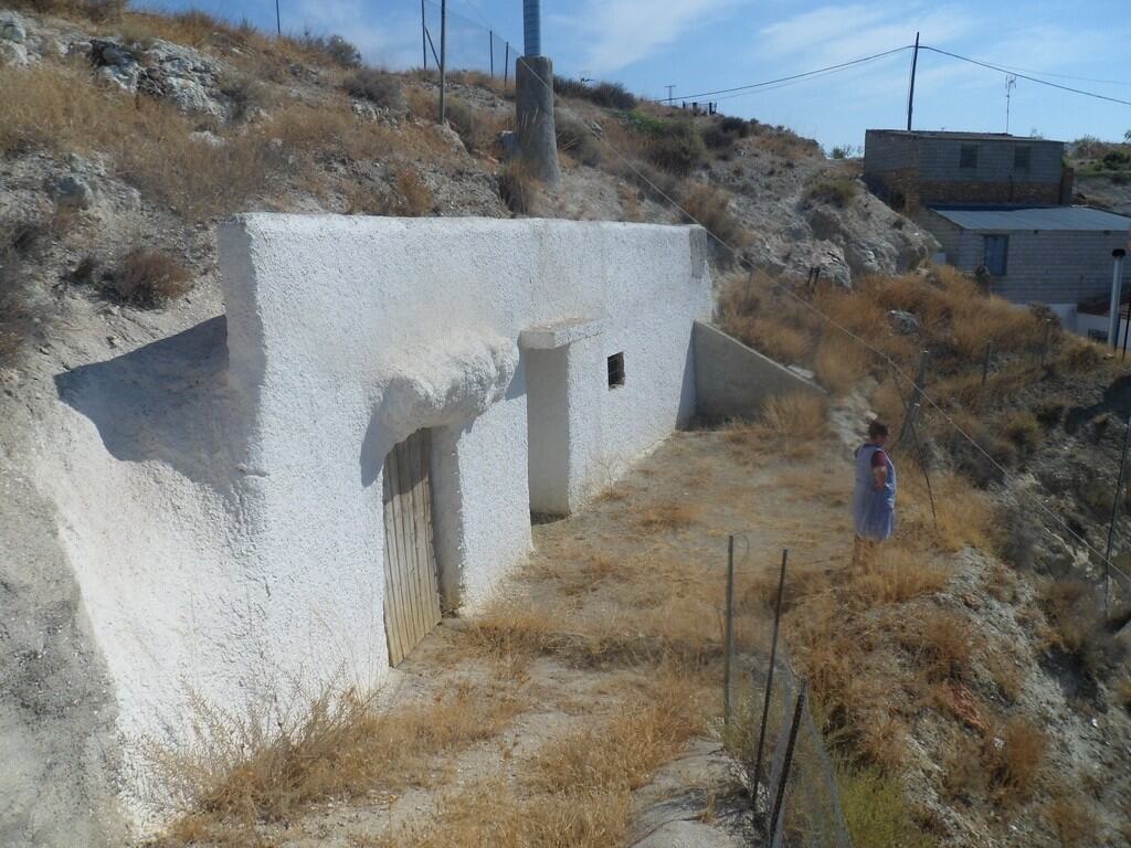 Cave house exterior in Cuevas del Campo, Granada, with whitewashed walls and rustic wooden door.
