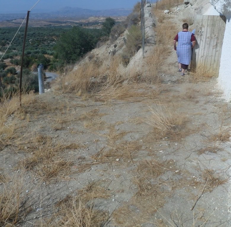 Charming cave house exterior in Cuevas del Campo, Granada, with a person walking along a dirt path o.