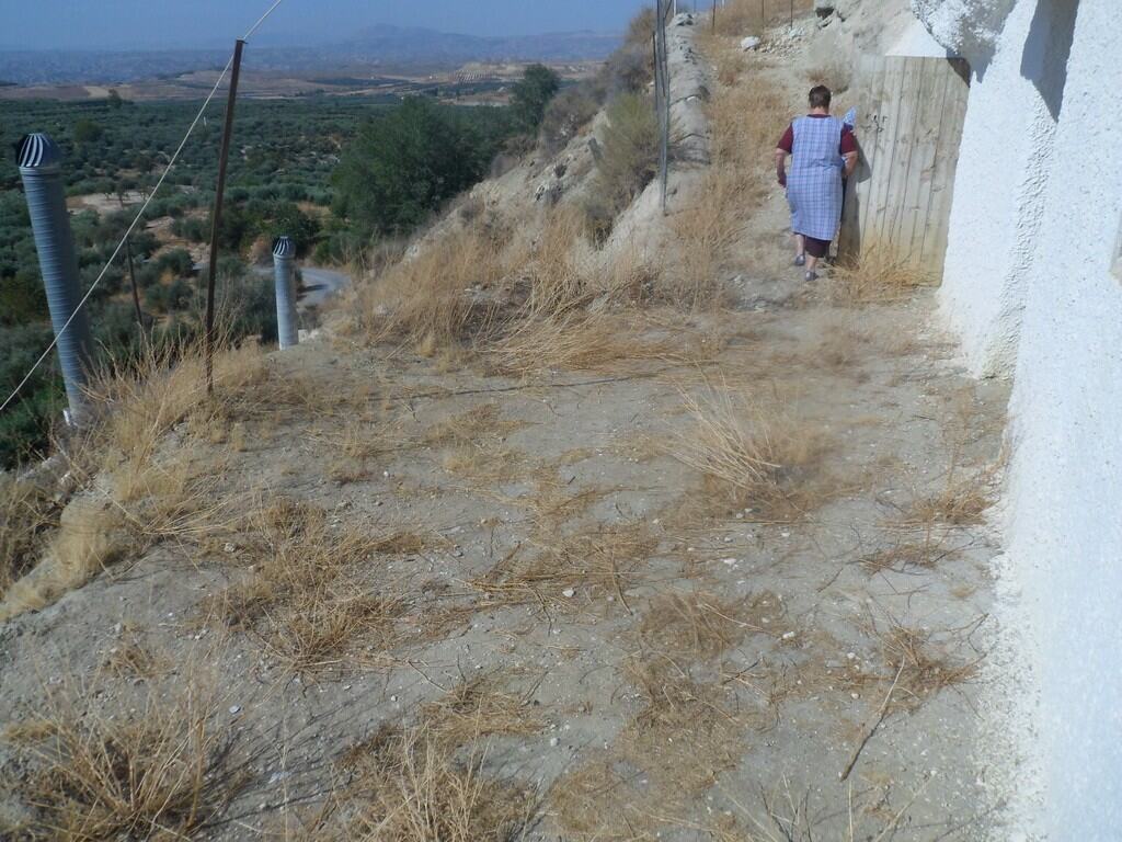 Charming cave house exterior in Cuevas del Campo, Granada, with a person walking along a dirt path o.