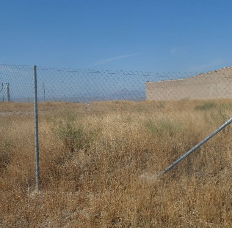 Fenced land near a cave house in Cuevas del Campo, Granada, with dry grass and a clear blue sky.