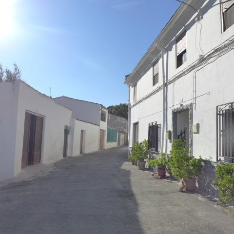 Town house in Fontanar, Jaen with white exterior walls and potted plants outside.