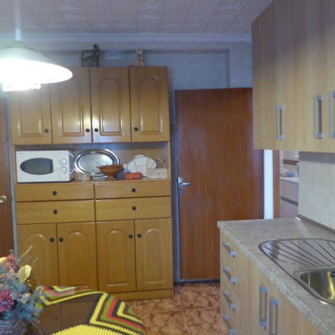 Cozy kitchen of a town house in Fontanar, Jaen, featuring wooden cabinets, a microwave, and a sink a.