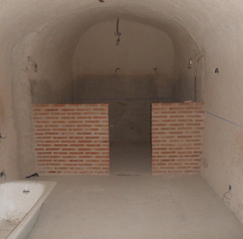 Traditional cave house interior with brick partitions in Cuevas del Campo, Granada.