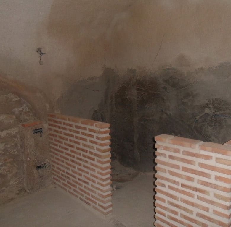 Cave house interior with brick walls and rustic stone features in Cuevas del Campo, Granada.