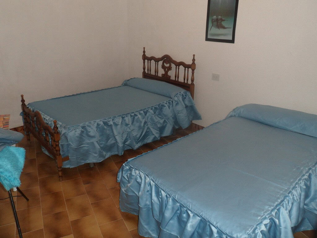 Charming bedroom in a cave house in Freila, Granada, featuring two single beds with blue bedspreads.