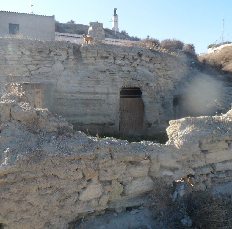 Cave house in Benamaurel, Granada, built into natural rock with a wooden door and rustic stone walls.