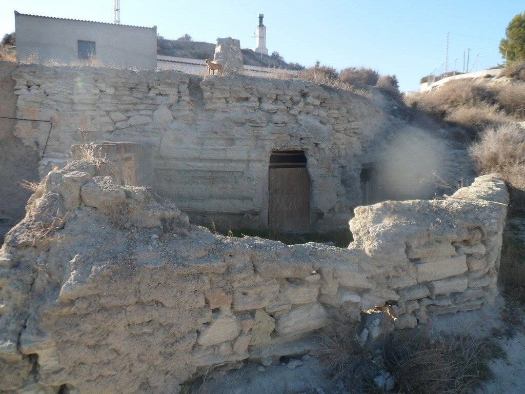 Cave house in Benamaurel, Granada, built into natural rock with a wooden door and rustic stone walls.