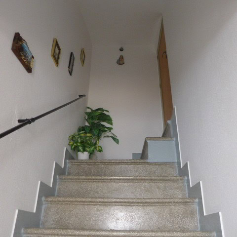 Cozy interior staircase of a town house in Castril, Granada, featuring white walls, decorative frame.