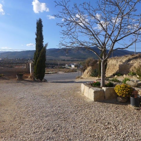 Cave house exterior in Huescar, Granada with a tree and scenic mountain view.