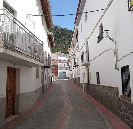 Charming village property in Gor, Granada, featuring whitewashed walls and narrow cobblestone street.