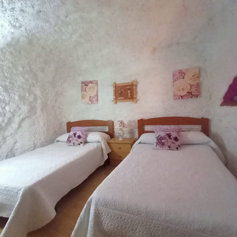 Charming cave house interior with two beds, rustic walls, and floral decor in Fontanar, Jaen.
