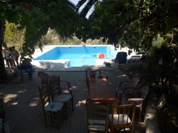 Outdoor pool at a rural farm property in Zujar, Granada, surrounded by lush greenery.