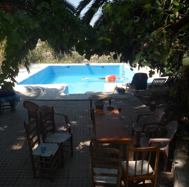 Outdoor pool at a rural farm property in Zujar, Granada, surrounded by lush greenery.