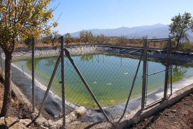 Almeria rural property with a small pond, surrounded by natural landscape and mountains in the backg.