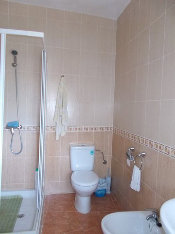 Cozy bathroom in a village property in Seron, Almeria, featuring a toilet, shower, and simple decor.