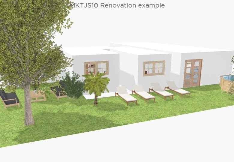 Traditional cave house in Benamaurel, Granada with outdoor seating and lush garden.