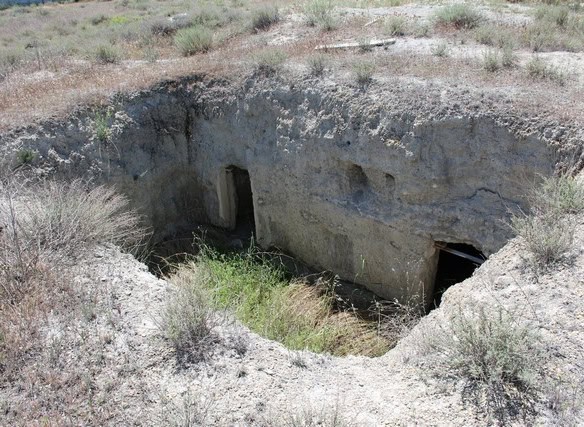Cave house entrance in Caniles, Granada, surrounded by desert landscape.