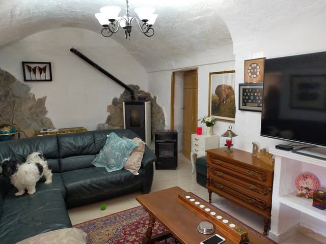 Charming cave house interior in Benamaurel, Granada, featuring rustic decor, a leather sofa, and mod.