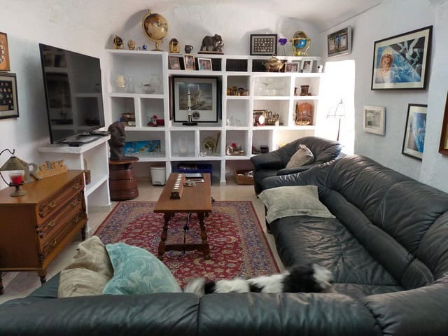 Charming cave house living room with modern furnishings and decorative shelves in Benamaurel, Granad.