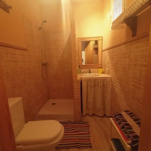 Cozy bathroom with shower, sink, and rustic decor in Fontanar, Jaen. Perfect for a peaceful village.