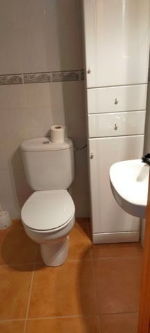 Bathroom with toilet and storage cabinet in a cave house in Benamaurel, Granada.