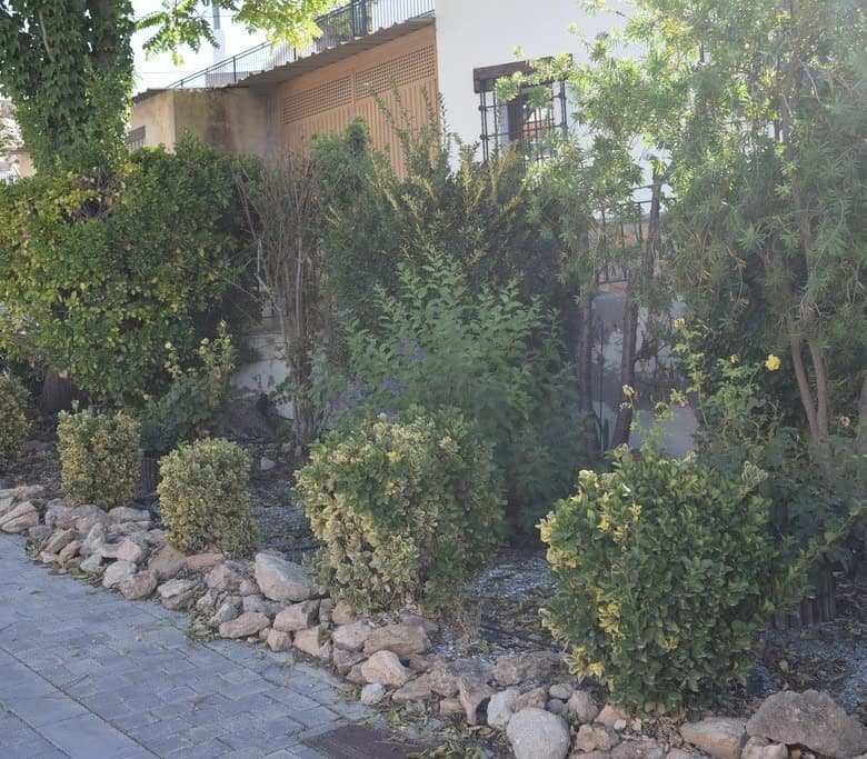 Cave house in Benamaurel, Granada, surrounded by lush greenery and stone landscaping.