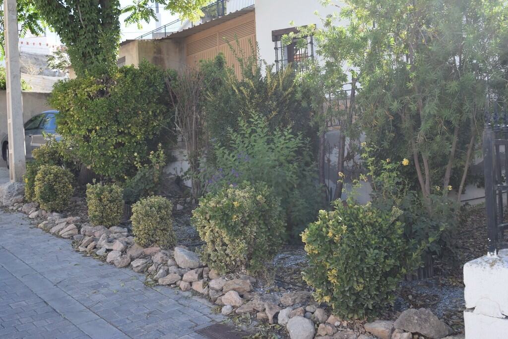 Cave house in Benamaurel, Granada, surrounded by lush greenery and stone landscaping.