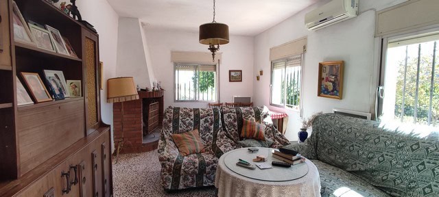 Spacious living room with patterned sofas, large windows, and classic decor in a villa in Armuna, Al.
