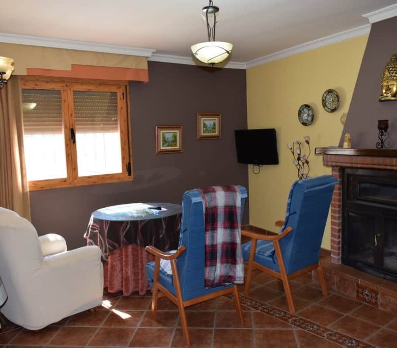 Charming cave house interior with comfortable seating, fireplace, and rustic decor in Gorafe, Granad.