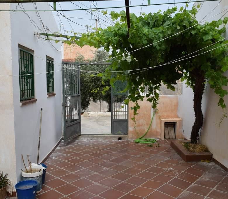 Cave house with a courtyard in Bacor, Granada, featuring a grapevine and rustic outdoor space.