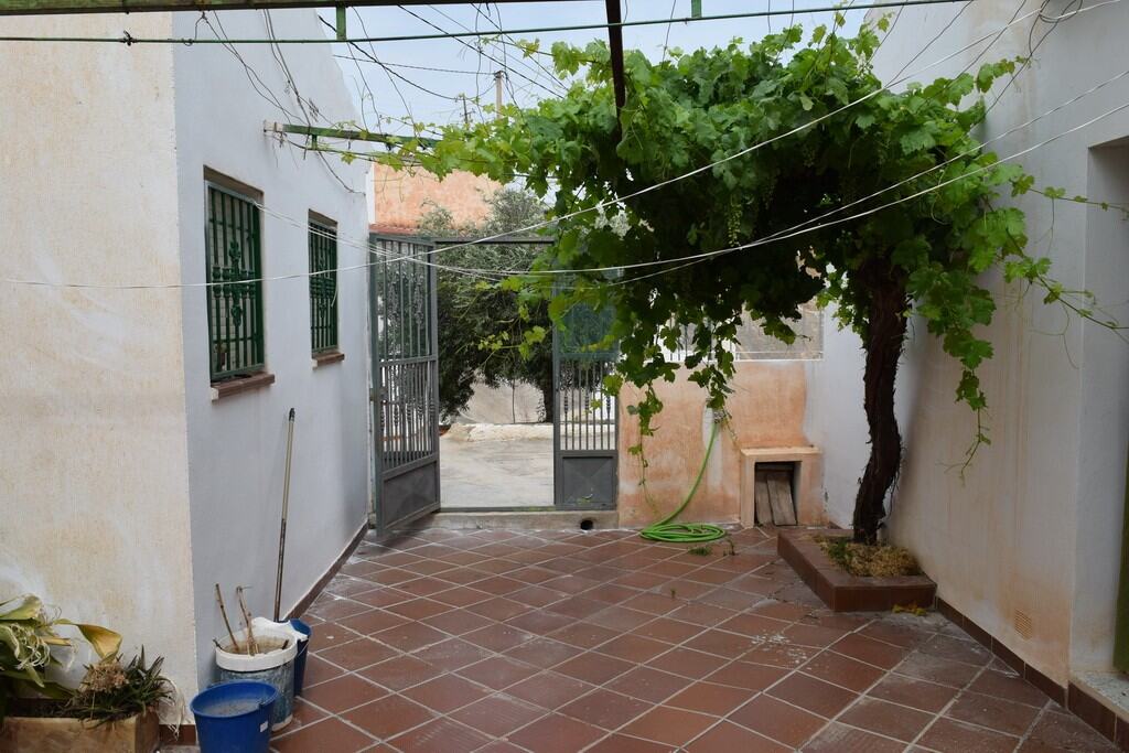 Cave house with a courtyard in Bacor, Granada, featuring a grapevine and rustic outdoor space.