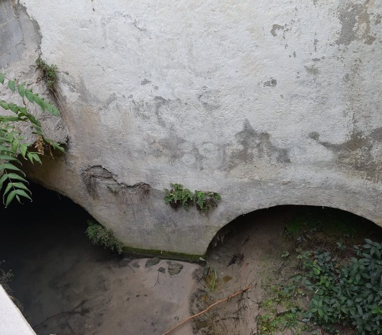 Ancient stone water well in a village property in Cortes de Baza, Granada, surrounded by greenery an.