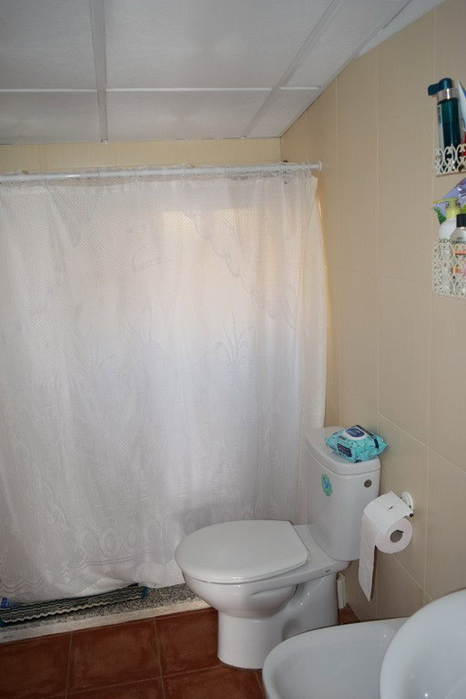 Cozy bathroom in a rural property in Castril, Granada, featuring a toilet, shower curtain, and basic.